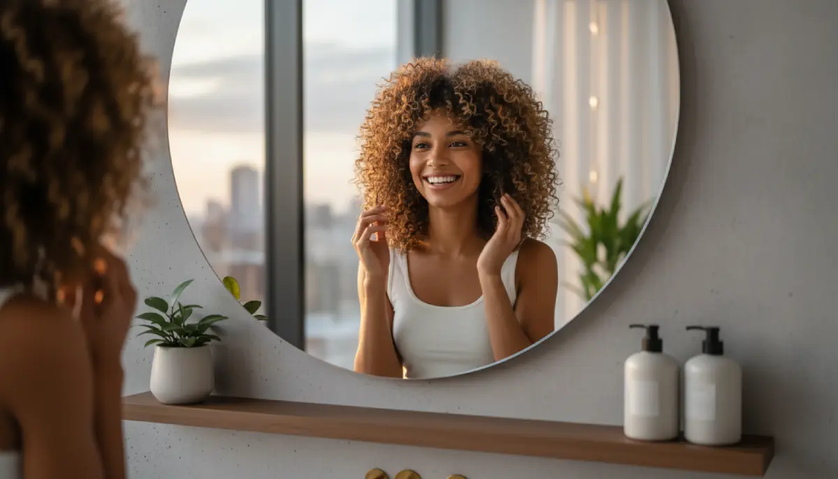 Femme souriante observant ses cheveux bouclés dans un miroir, illustrant la découverte et l’acceptation de sa texture capillaire