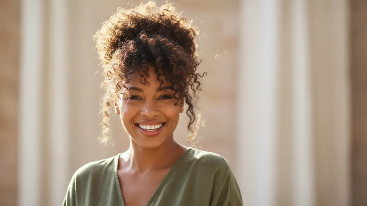 Femme afro souriante aux cheveux bouclés et crépus naturels, symbole de la beauté des cheveux texturés et de leur soin adapté