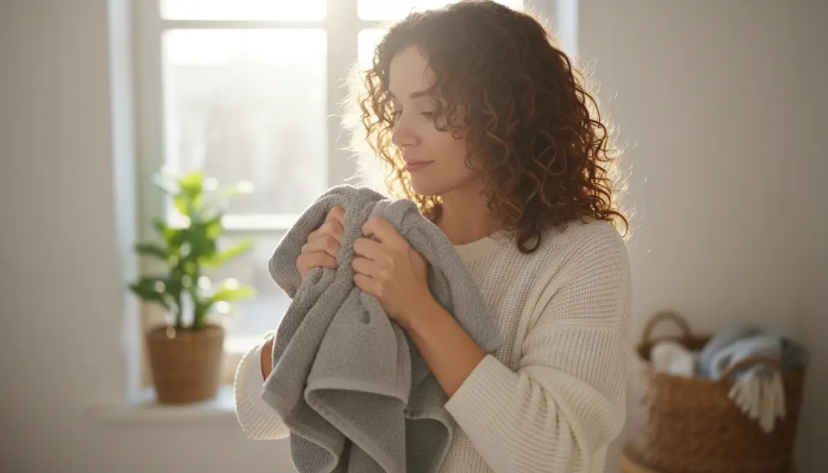 Femme tamponnant délicatement ses cheveux bouclés avec une serviette en microfibre pour éviter la casse et préserver les boucles
