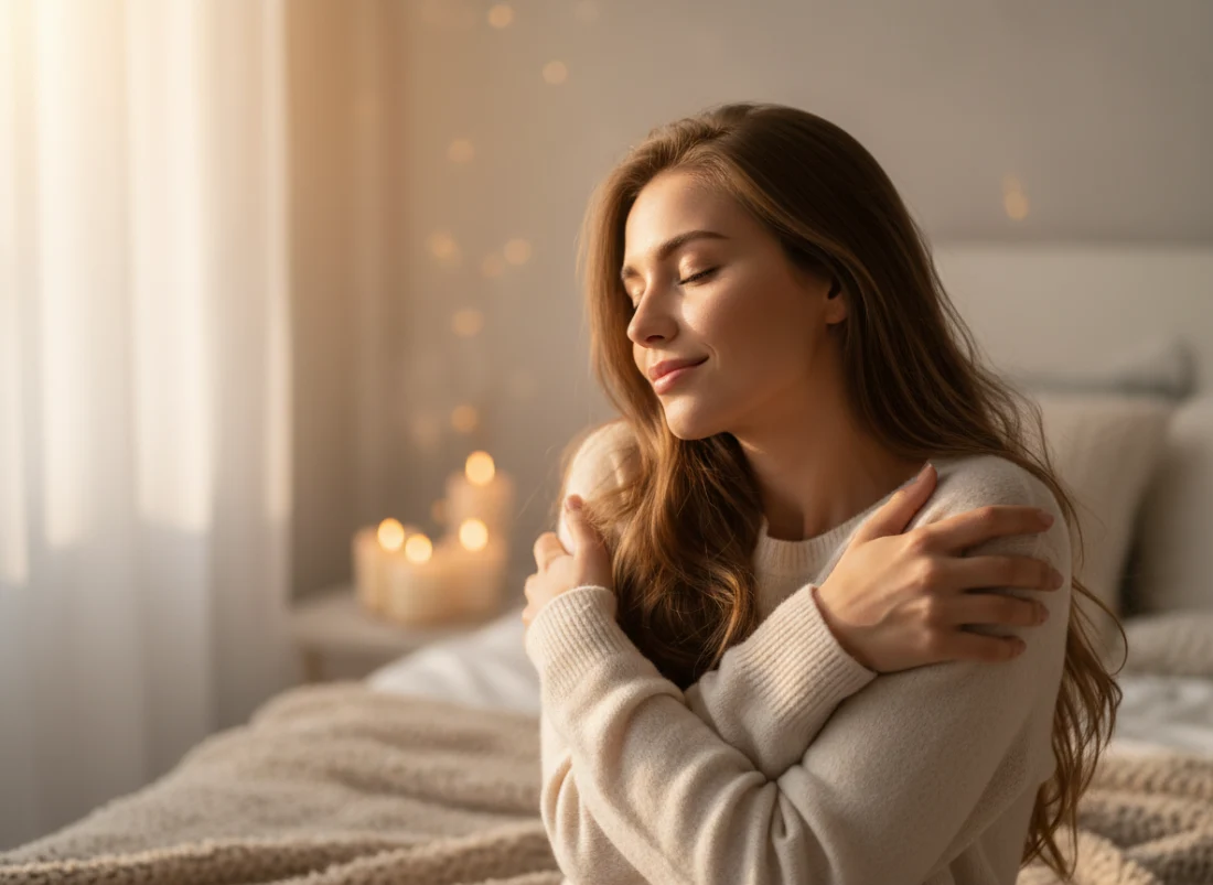 Jeune femme sereine pratiquant son rituel de relaxation du soir dans une ambiance cosy et chaleureuse - AddictBeaute.com le mag pour les femmes