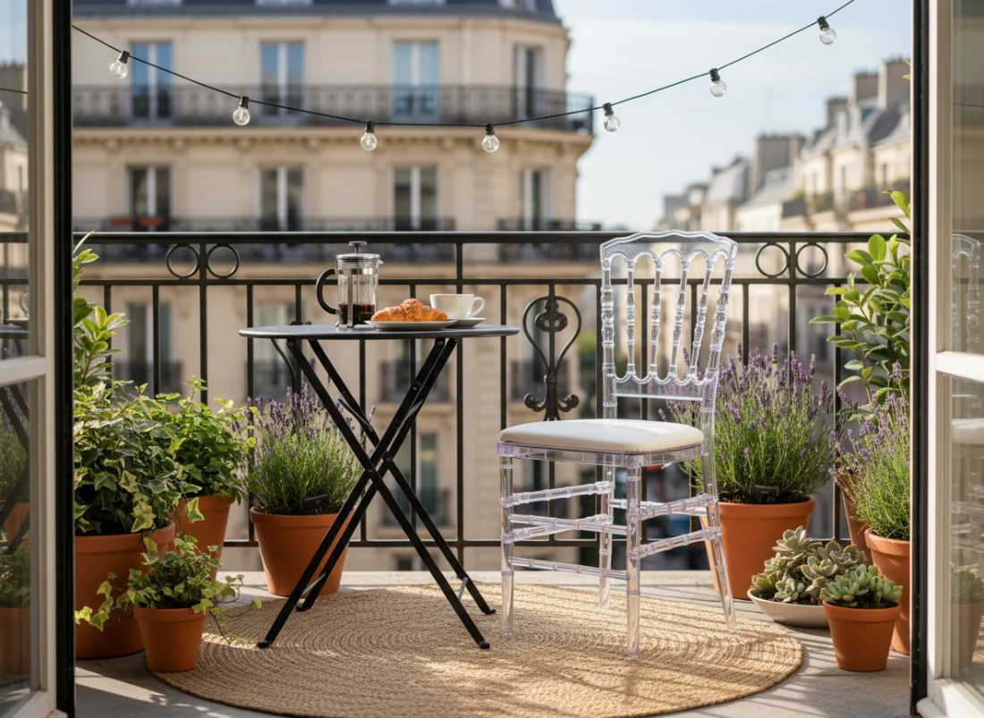 Balcon moderne décoré avec chaise Napoléon transparente, petite table bistrot, plantes vertes et café, ambiance terrasse parisienne. AddictBeaute.com le mag pour les femmes