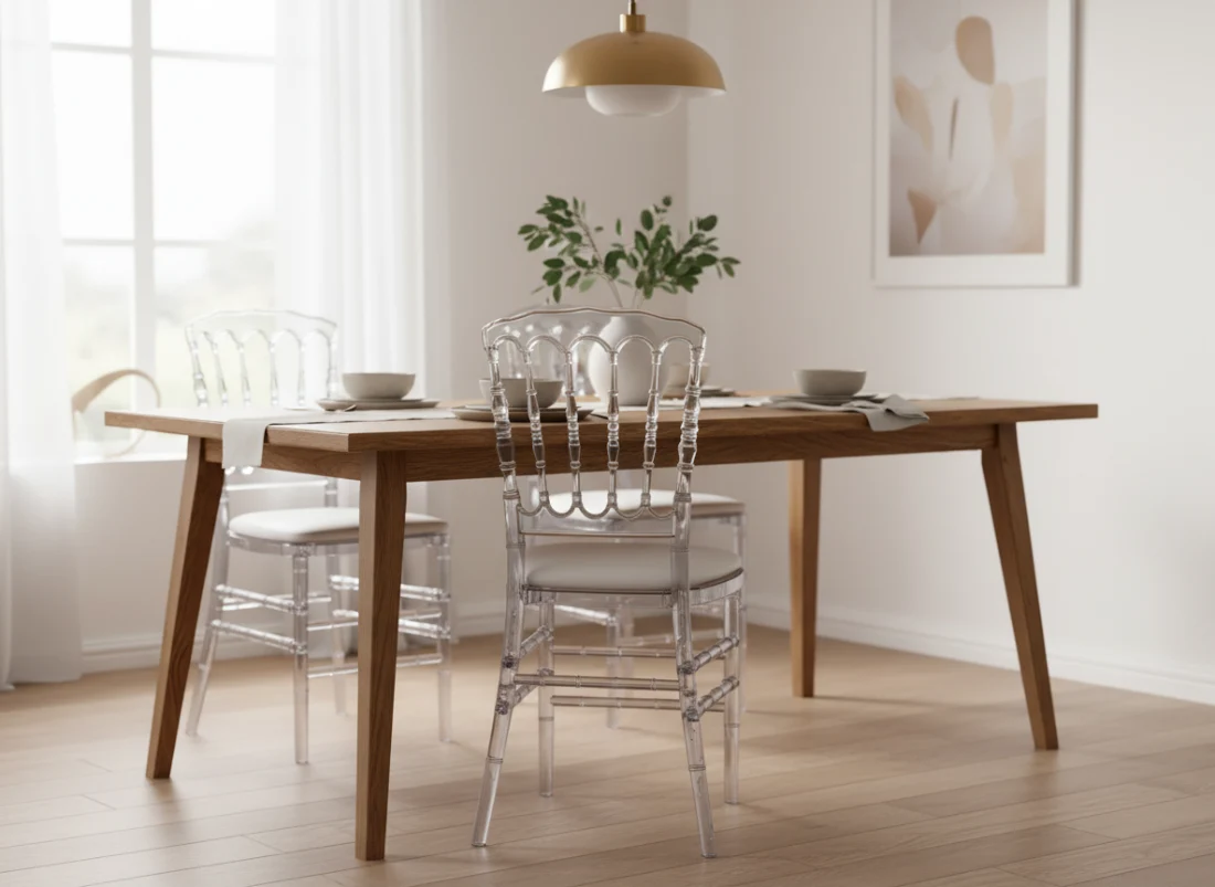 Chaise Napoléon transparente élégante positionnée autour d'une table en bois naturel dans une salle à manger moderne avec lumière naturelle et décoration minimaliste. AddictBeaute.com le mag pour les femmes