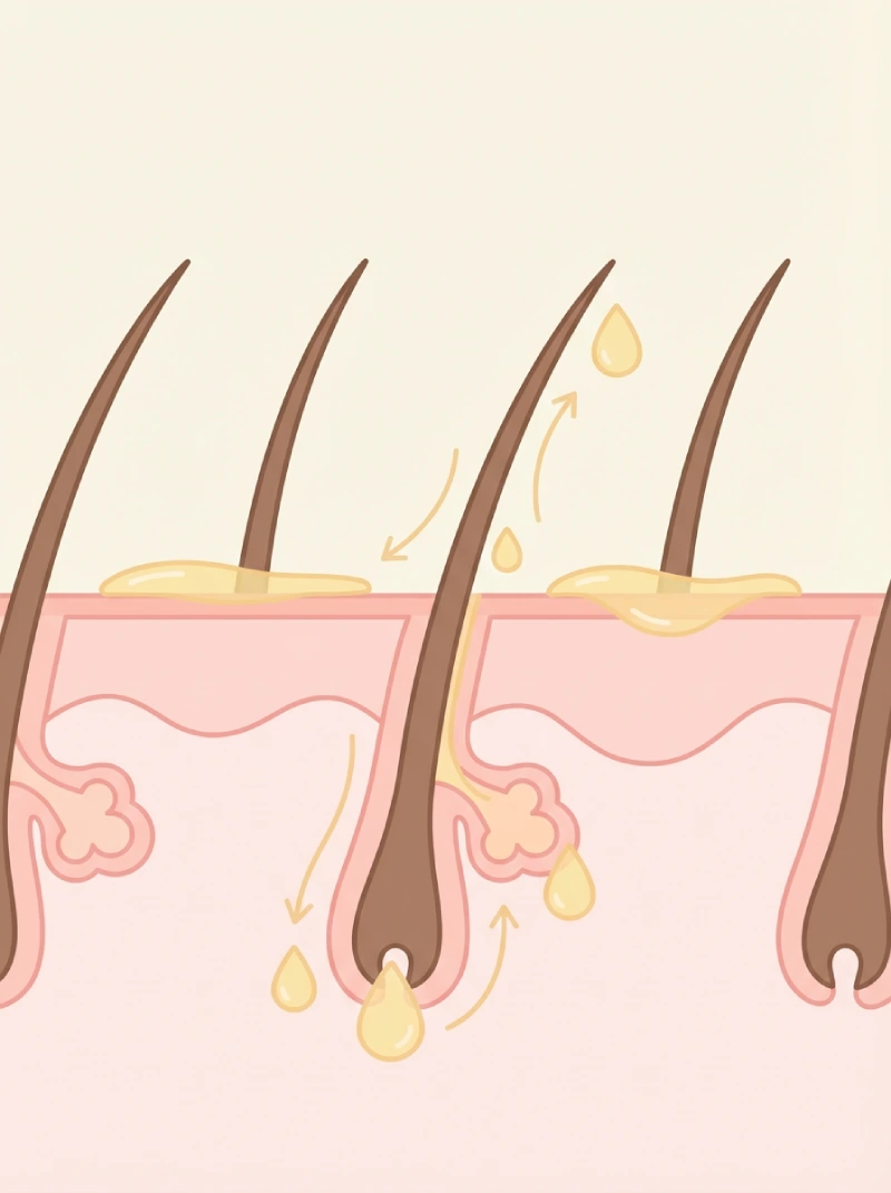 Illustration éducative montrant la production de sébum par les glandes sébacées du cuir chevelu, AddictBeaute.com le mag pour les femmes