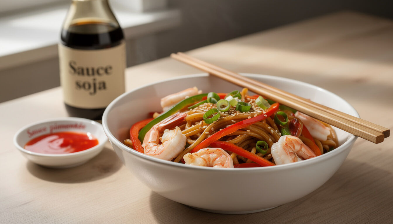 Découvrez notre recette facile et rapide de nouilles chinoises aux crevettes, parfaite pour un repas savoureux et prêt en quelques minutes.