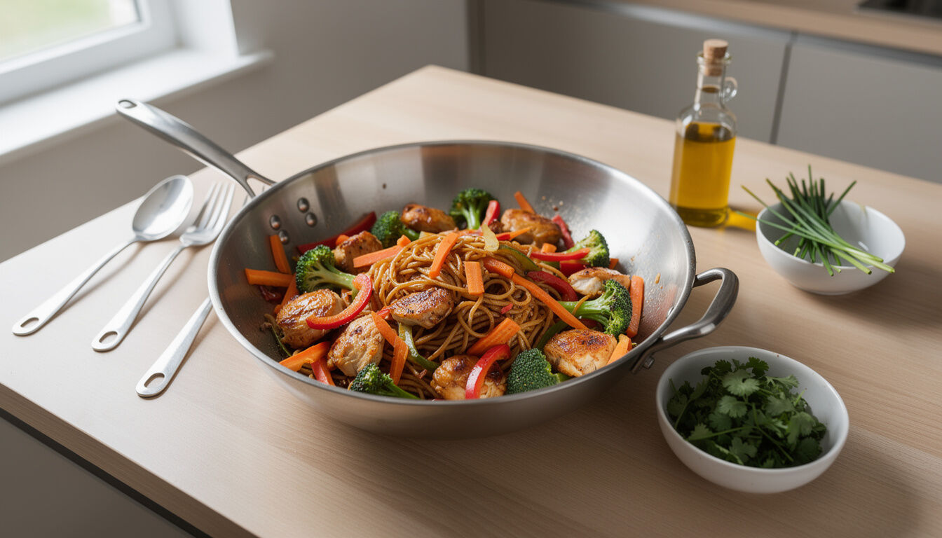 Découvrez notre recette facile et rapide de nouilles sautées au poulet et légumes, un plat savoureux et équilibré parfait pour un repas quotidien.