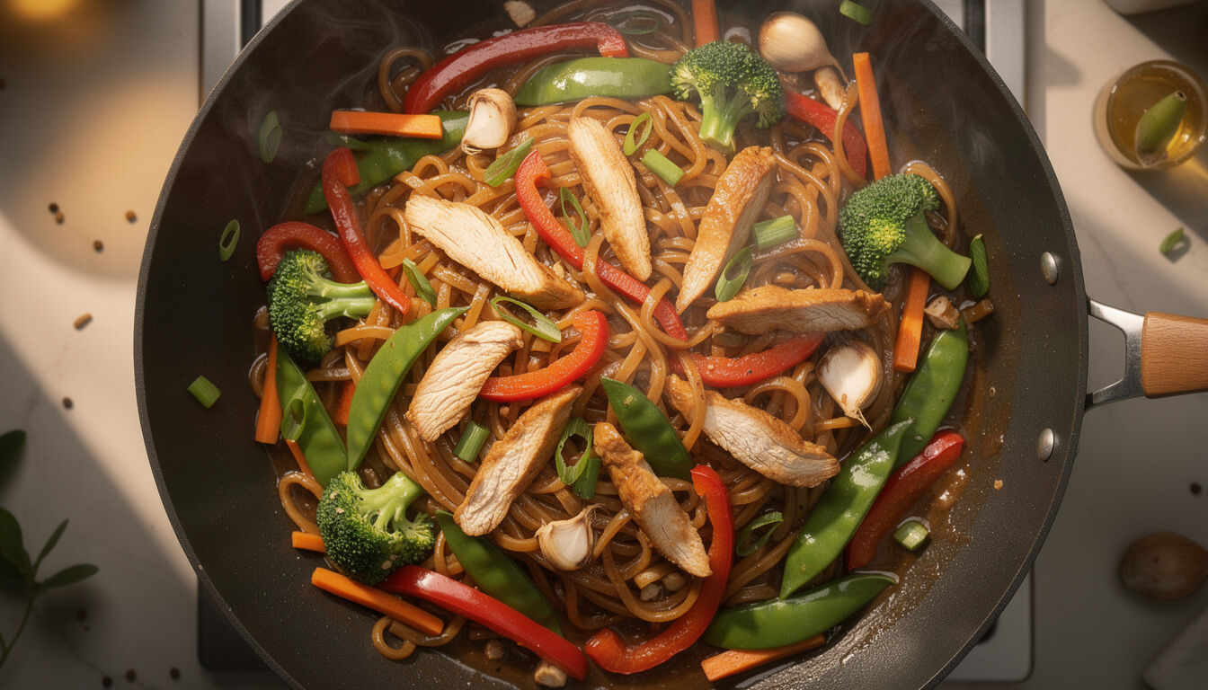 Découvrez notre recette facile et rapide de nouilles sautées au poulet et légumes, parfaite pour un repas savoureux et équilibré en quelques minutes.
