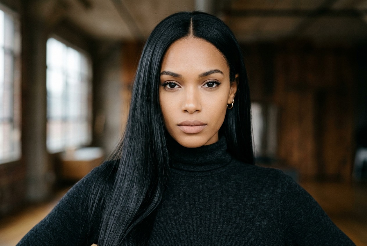 Femme aux cheveux noirs longs et parfaitement lisses après application d'un gloss capillaire, illustrant le résultat brillance et douceur obtenu grâce à la technique du gloss cheveux lisses à domicile ou en salon.