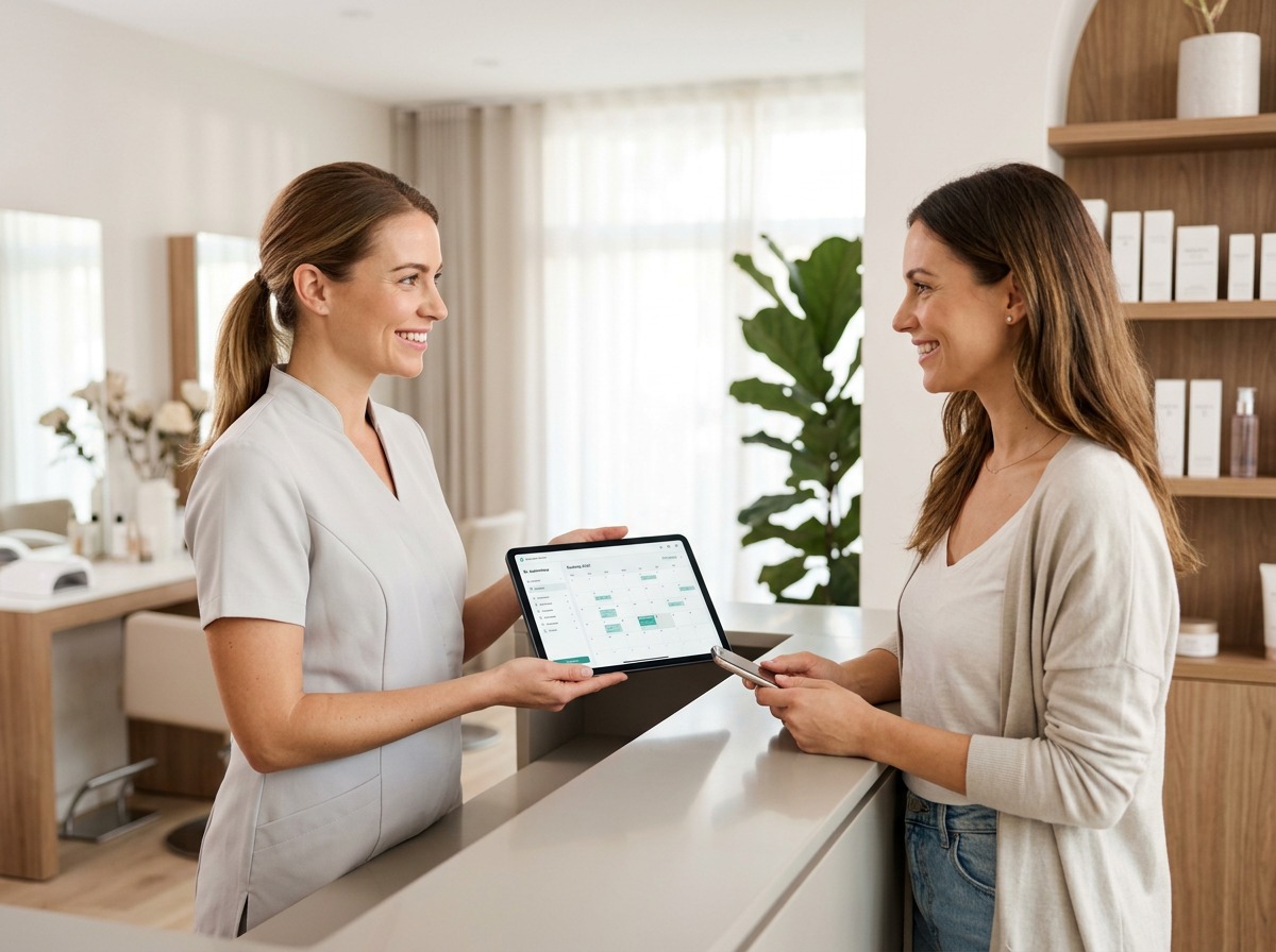 Esthéticienne souriante accueillant une cliente dans un institut de beauté lumineux et moderne, une tablette de réservation en ligne à la main