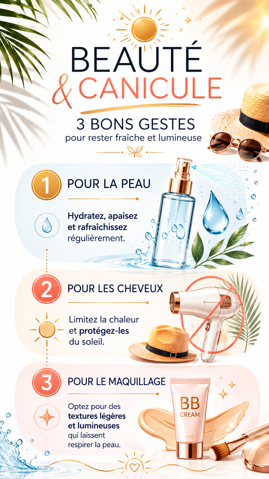 Infographie : protéger sa peau, ses cheveux et son maquillage pendant la canicule