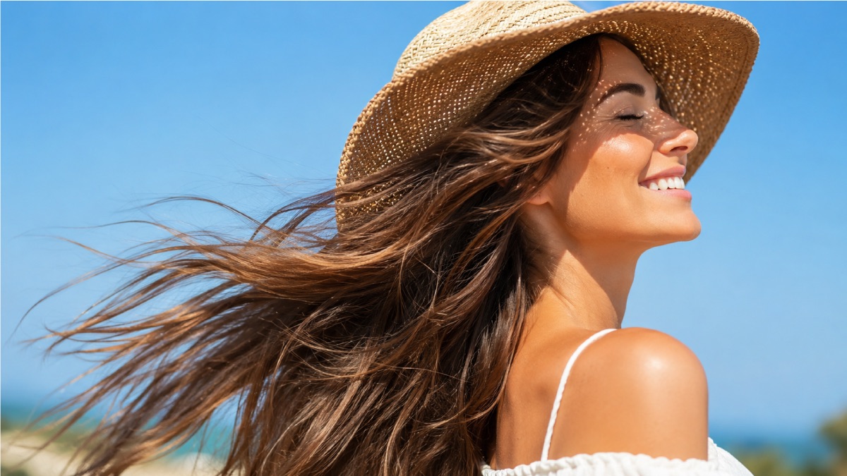 Femme aux cheveux longs et sains protégés du soleil sous un chapeau pendant la canicule
