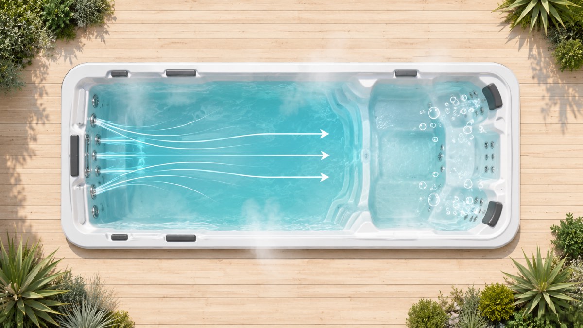 Un spa de nage réunit couloir de nage et espace détente dans un même bassin chauffé.