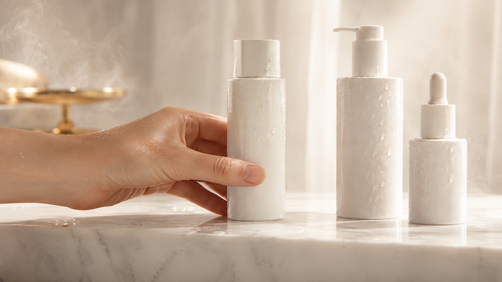 Trois flacons cosmetiques blancs sans marque sur un marbre clair, une main en saisit un, lumiere lumineuse d'atelier