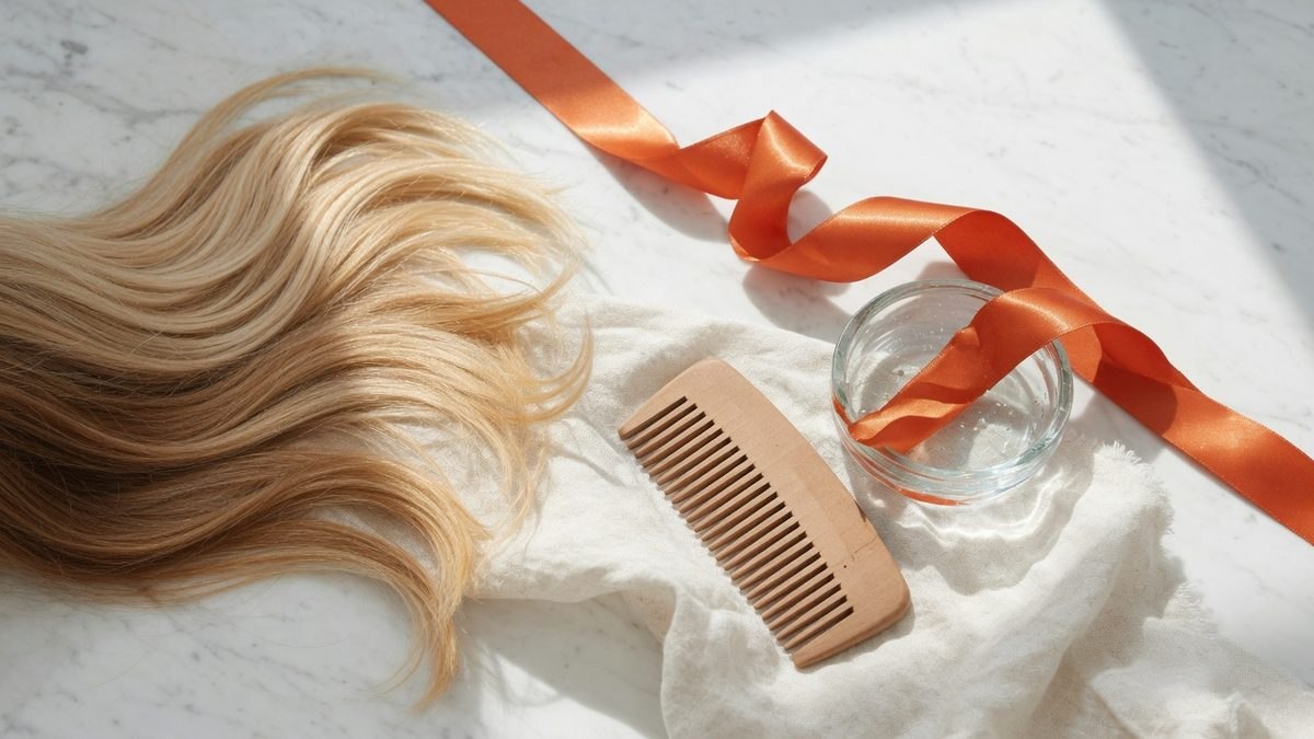 Mèches de cheveux en dégradé du miel au blond clair posées sur du marbre blanc et du lin, avec un peigne en bois blond