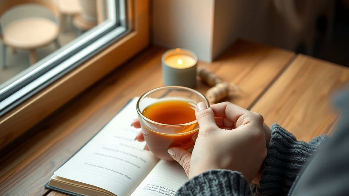 Mains qui tiennent une tasse de thé près d'une fenêtre, à côté d'un carnet où l'on note les démarches