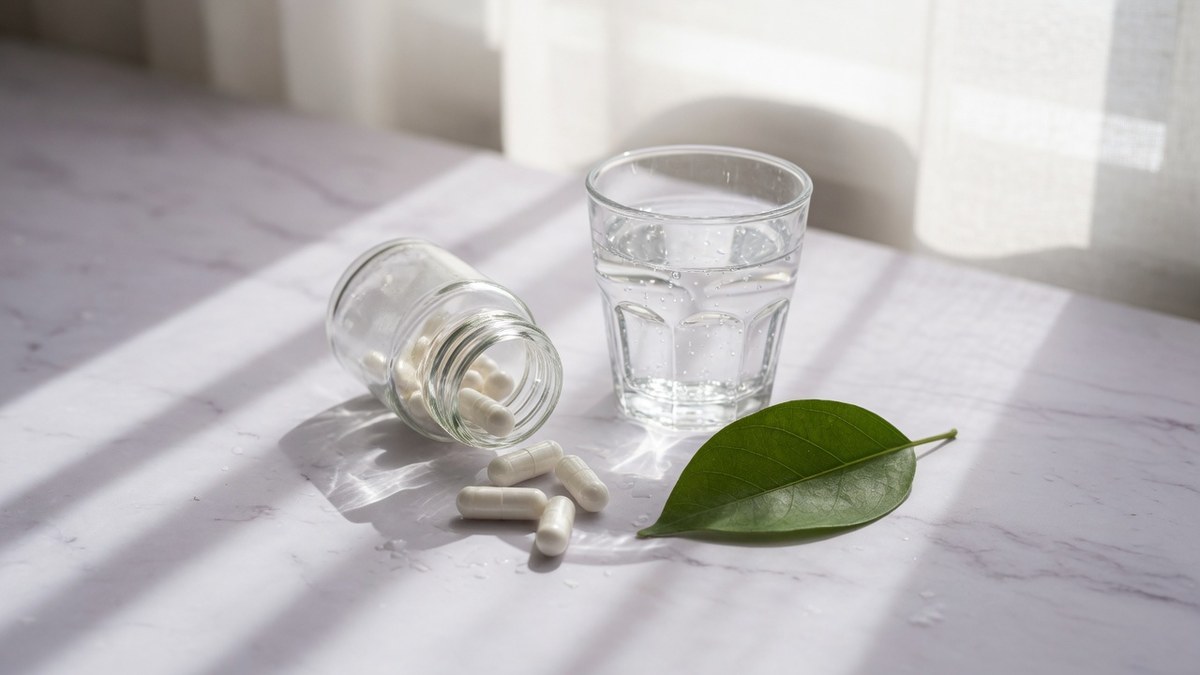 Petit pot en verre renversé laissant échapper quelques gélules blanches sur un plan de marbre clair, près d'un verre d'eau et d'une feuille verte, lumière douce de fenêtre.