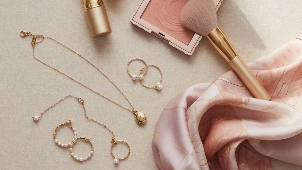 Beauté et style : rouge à lèvres, foulard en soie et bijoux sur fond neutre