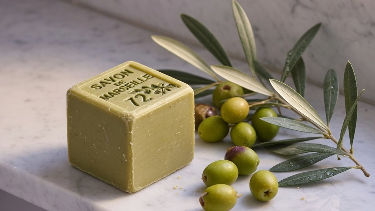 Cube de savon de Marseille et branche d'olivier sur une étagère de salle de bains