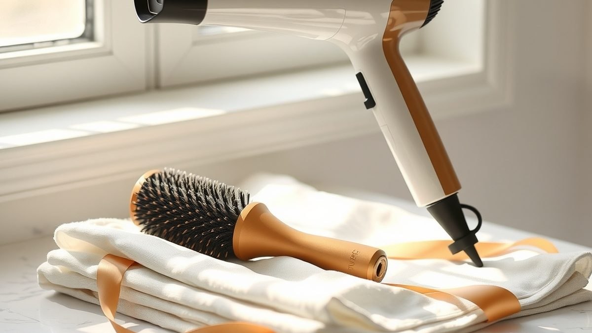 Sèche-cheveux et brosse ronde posés sur un plan de marbre clair, nature morte illustrant les outils du brushing