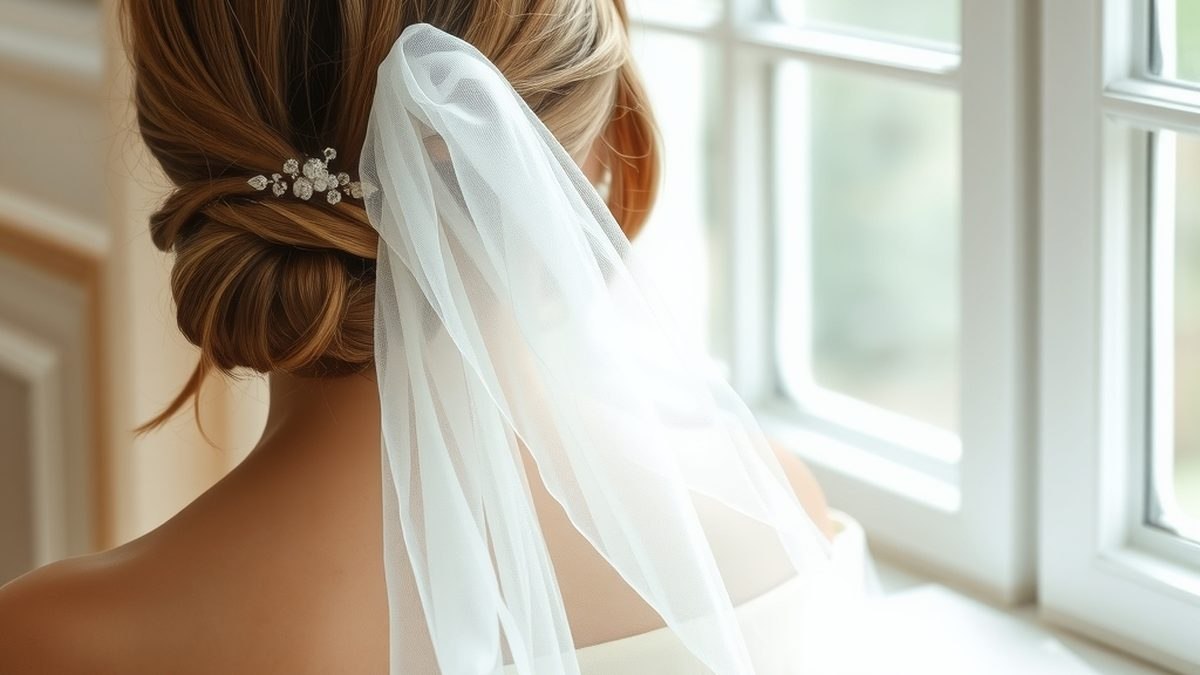 Chignon de mariée vu de dos avec un voile en tulle posé sur du marbre blanc