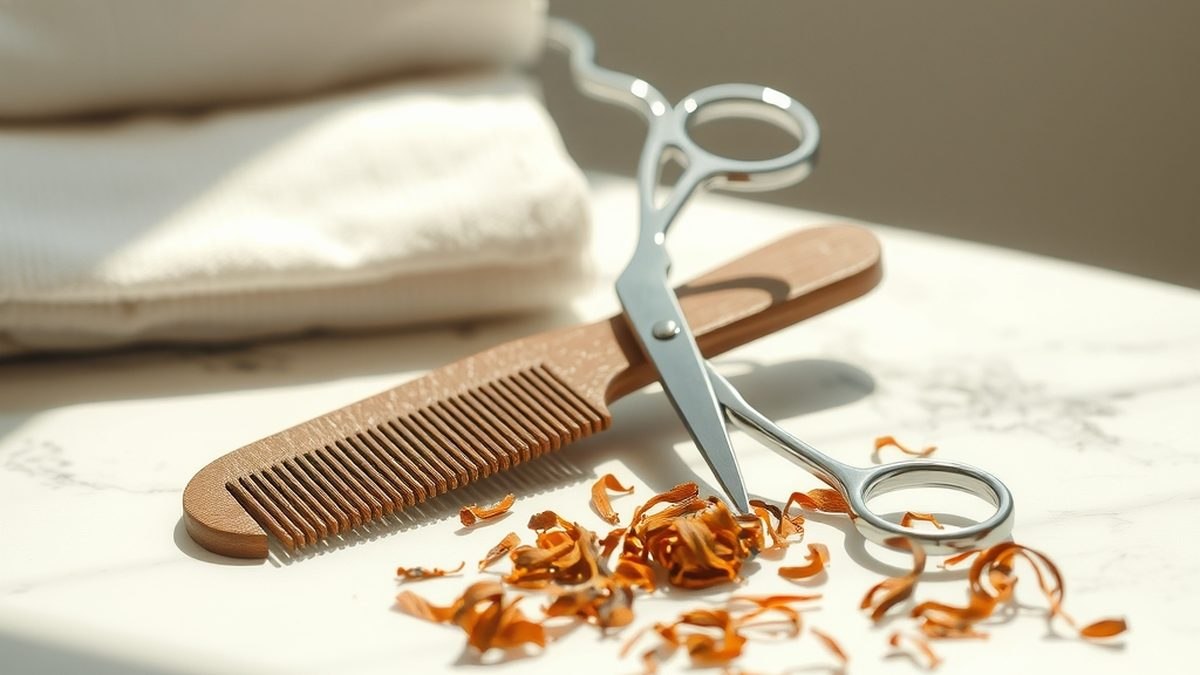 Ciseaux de coiffeur et peigne à dents larges posés sur du marbre, avec des mèches de cheveux bouclés coupées à sec