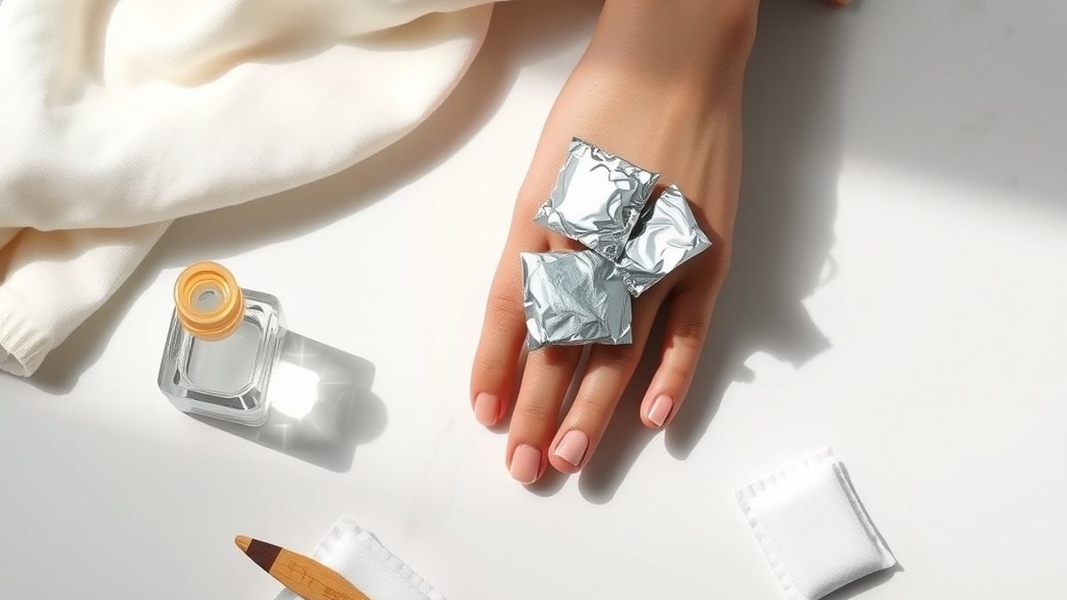 Mains enveloppées de papier aluminium pour retirer un vernis semi-permanent à l'acétone