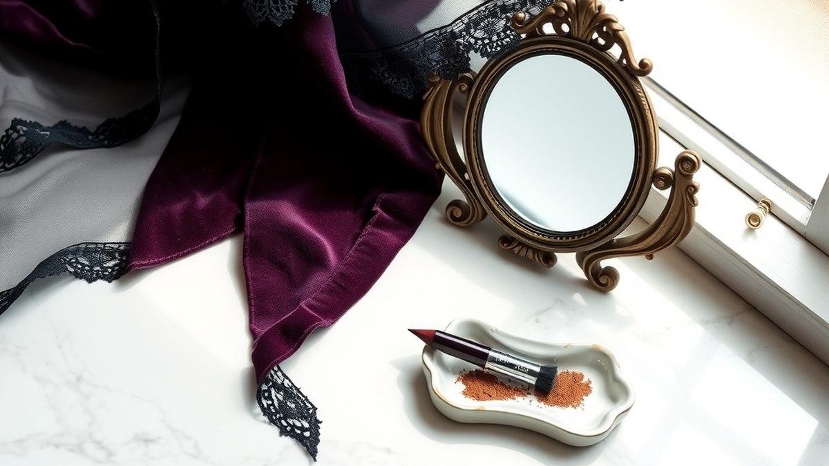 Nature morte beauté aux tons prune et noir sur marbre blanc, évoquant le maquillage soft goth de Mercredi Addams