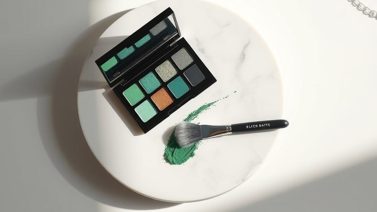 Palette de maquillage vert et noir sur marbre clair, ombre d'un chapeau de sorcière en lumière naturelle