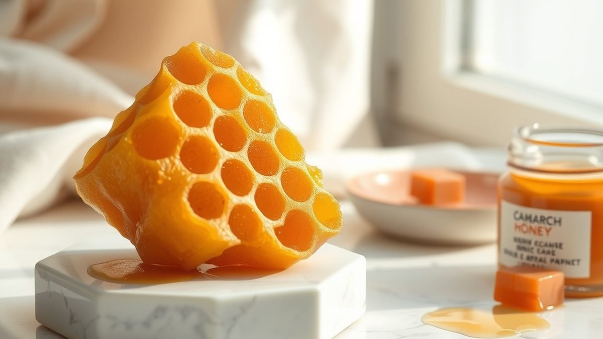 Nid d'abeille aux alvéoles ouvertes sur marbre blanc, métaphore visuelle des pores dilatés du visage