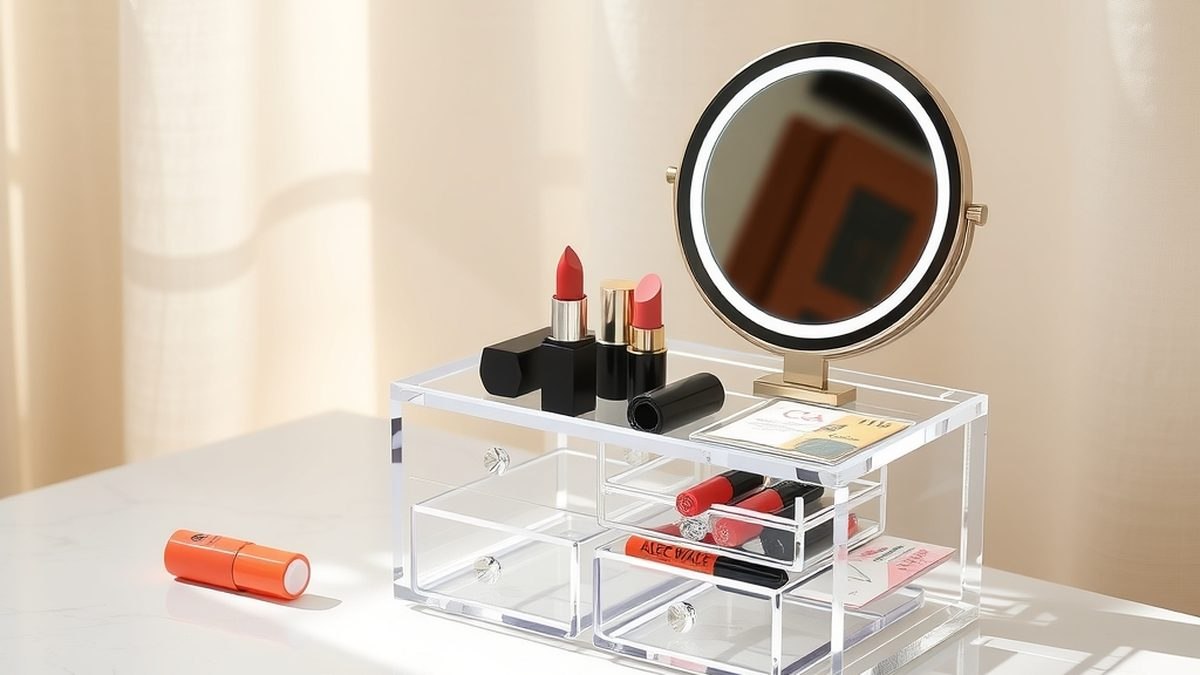 Organisateur de maquillage transparent à tiroirs et miroir, posé sur un plan en marbre blanc dans une lumière naturelle