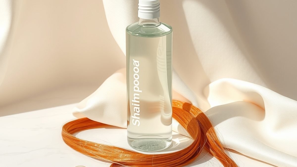 Flacon de shampoing sans étiquette posé sur du marbre blanc, illustrant le choix d'un shampoing sans sulfate