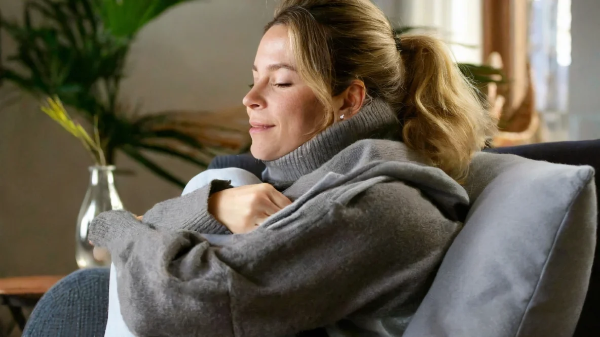 Comment laver un sweat plaid ? Femme en mode cocooning dans un pull plaid bien lavé et tout doux
