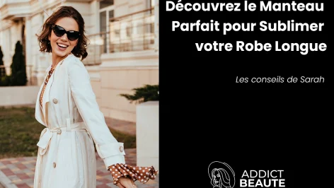 Une jeune femme dégage un charme joyeux et une élégance décontractée, parfaite pour illustrer l'article "Découvrez le Manteau Parfait pour Sublimer votre Robe Longue : Les conseils de Sarah". Elle arbore un manteau long immaculé, ceinturé à la taille, qui allie classicisme et modernité, soulignant sa silhouette fluide et gracieuse.