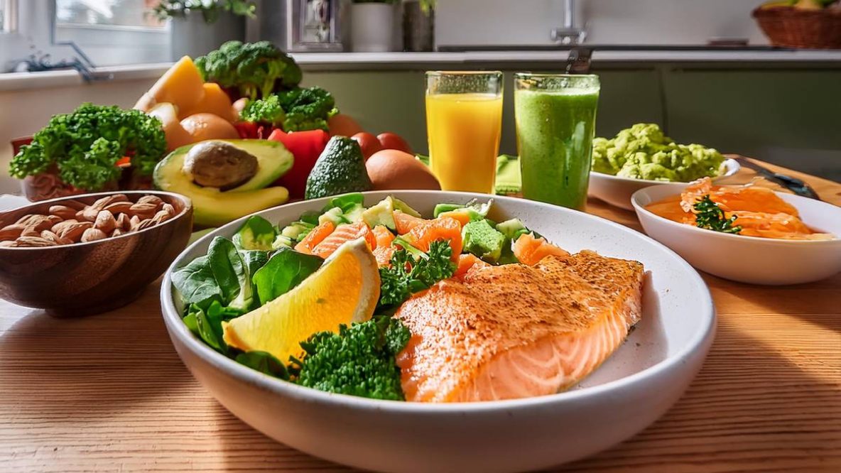 Image colorée et alléchante d'aliments riches en vitamines avec salade fraîche, smoothie vert et saumon grillé, incitant au clic pour découvrir des astuces santé