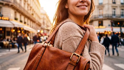 Femme tenant un sac en cuir cognac sous la lumière dorée du soir