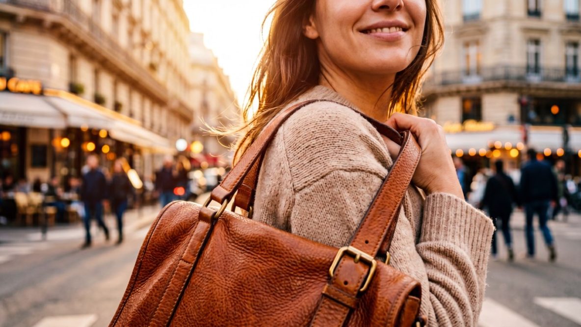 Femme tenant un sac en cuir cognac sous la lumière dorée du soir