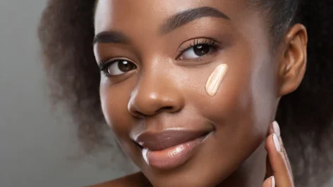 Jeune fille à la peau grasse qui applique du fond de tient