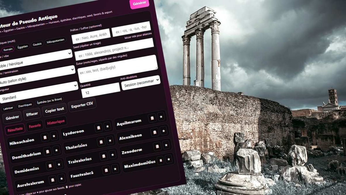 Générateur de pseudo antique : idées de noms grecs, romains & celtes (outil gratuit)