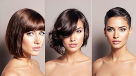 Femme au visage ovale avec différentes coiffures, du carré court aux cheveux longs ondulés