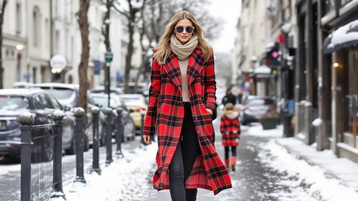 Femme portant un manteau long imprimé à carreaux, créant un look chic et audacieux pour l’hiver 2024-2025