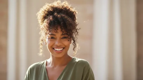 Femme afro souriante aux cheveux bouclés et crépus naturels, symbole de la beauté des cheveux texturés et de leur soin adapté