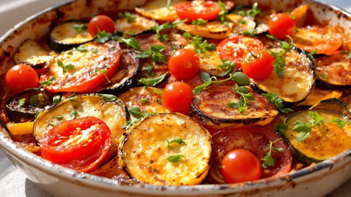Tian de légumes d’été aux tomates confites et herbes de Provence, fondant et doré au four