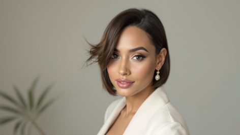 Femme élégante avec un visage ovale, coiffée d’un carré chic, maquillage naturel et accessoires délicats, dans un cadre lumineux