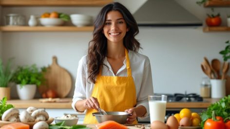 Femme souriante cuisinant avec des aliments riches en vitamine D, comme le saumon, les champignons, les œufs et un verre de lait, dans une cuisine lumineuse