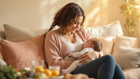 Maman allaitant son bébé dans une ambiance chaleureuse, entourée d'éléments nutritionnels sains.