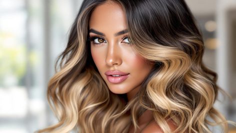 Femme aux cheveux noirs avec un balayage miel, mettant en valeur des reflets chauds et lumineux