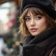 Une femme aux cheveux courts portant un béret noir chic, capturée dans une rue parisienne avec une lumière naturelle, incarnant un look élégant et intemporel