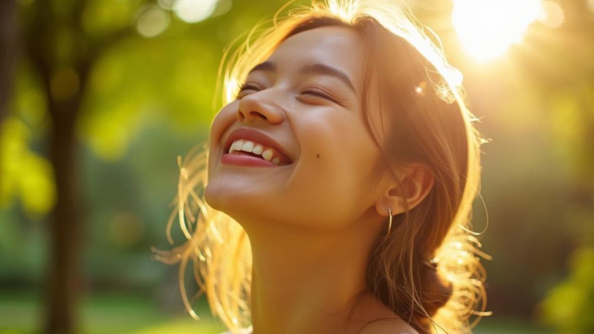 Femme heureuse profitant du soleil pour les bienfaits de la vitamine D, santé et bien-être naturels en plein air