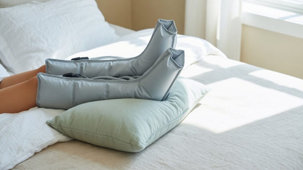 Jambes surélevées équipées de bottes de pressothérapie gonflables sur un lit clair, ambiance bien-etre
