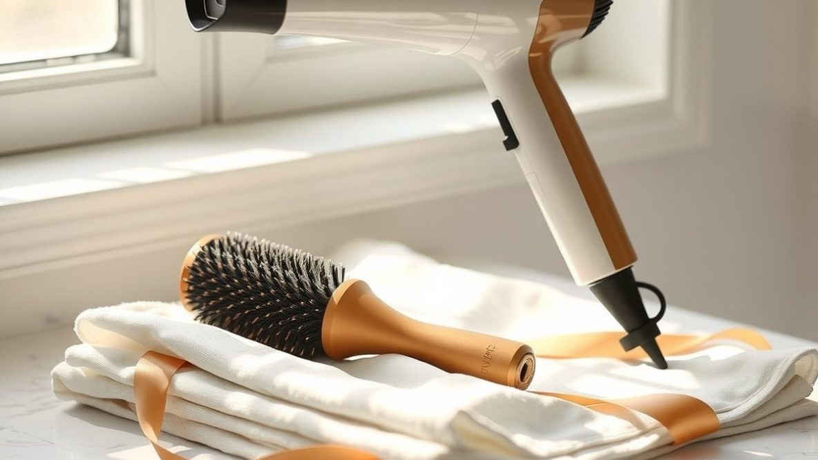 Sèche-cheveux et brosse ronde posés sur un plan de marbre clair, nature morte illustrant les outils du brushing