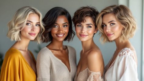 Femmes de styles variés avec des coupes de cheveux courtes, représentant les tendances de carré court inspirées par Adriana Karembeu et Monica Bellucci